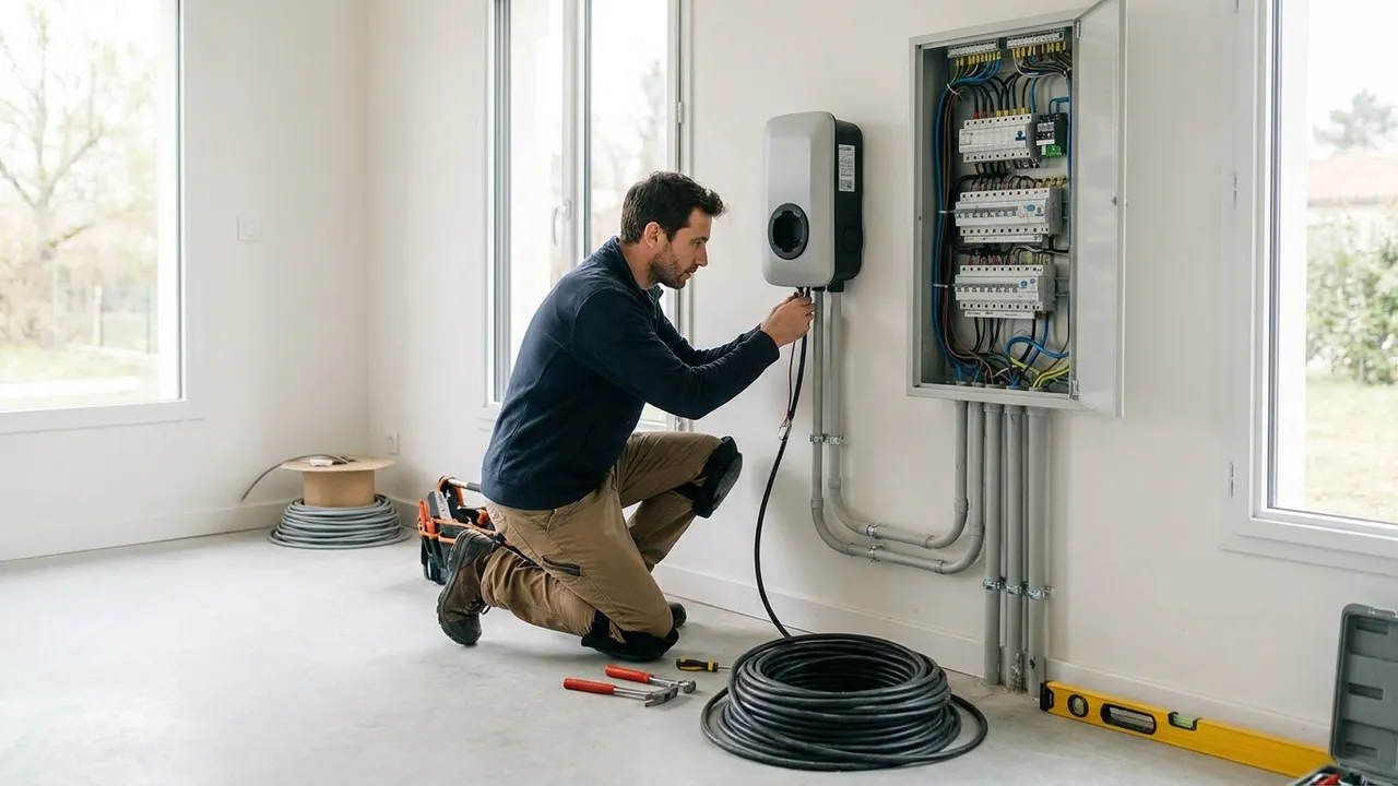 Électricien installant une borne de recharge murale dans le parking d'une résidence à Issy-les-Moulineaux