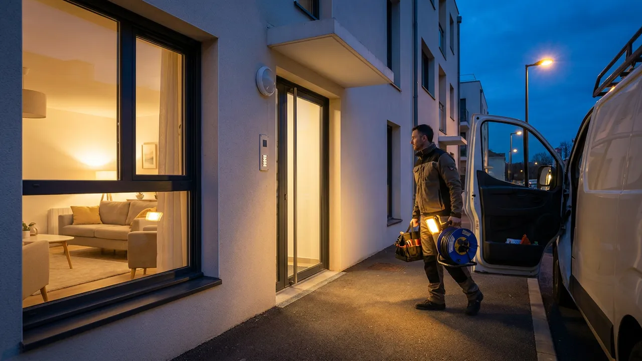 Électricien arrivant en soirée avec son matériel pour un dépannage d'urgence dans une résidence d'Issy-les-Moulineaux