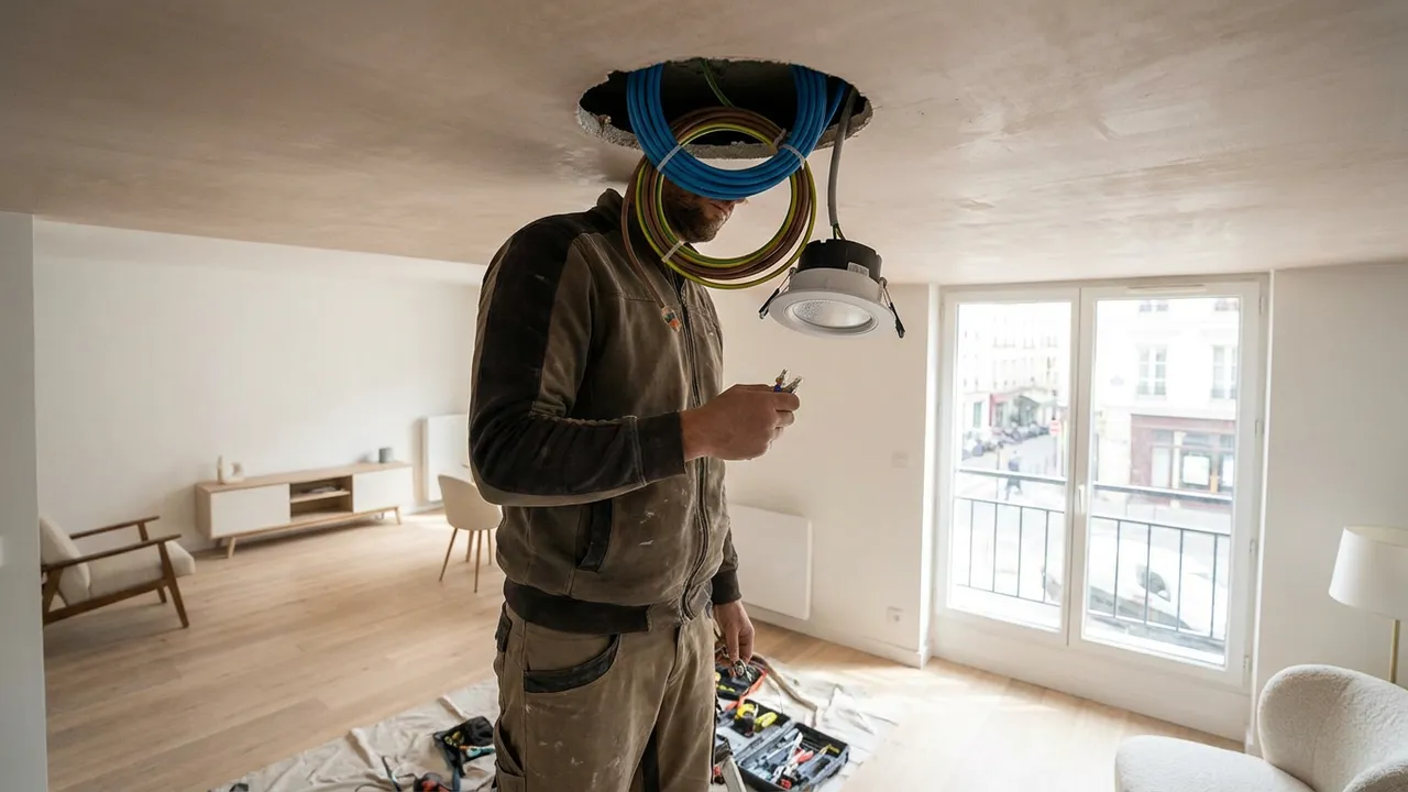 Électricien installant des spots LED encastrés dans le faux plafond d'un appartement à Issy-les-Moulineaux