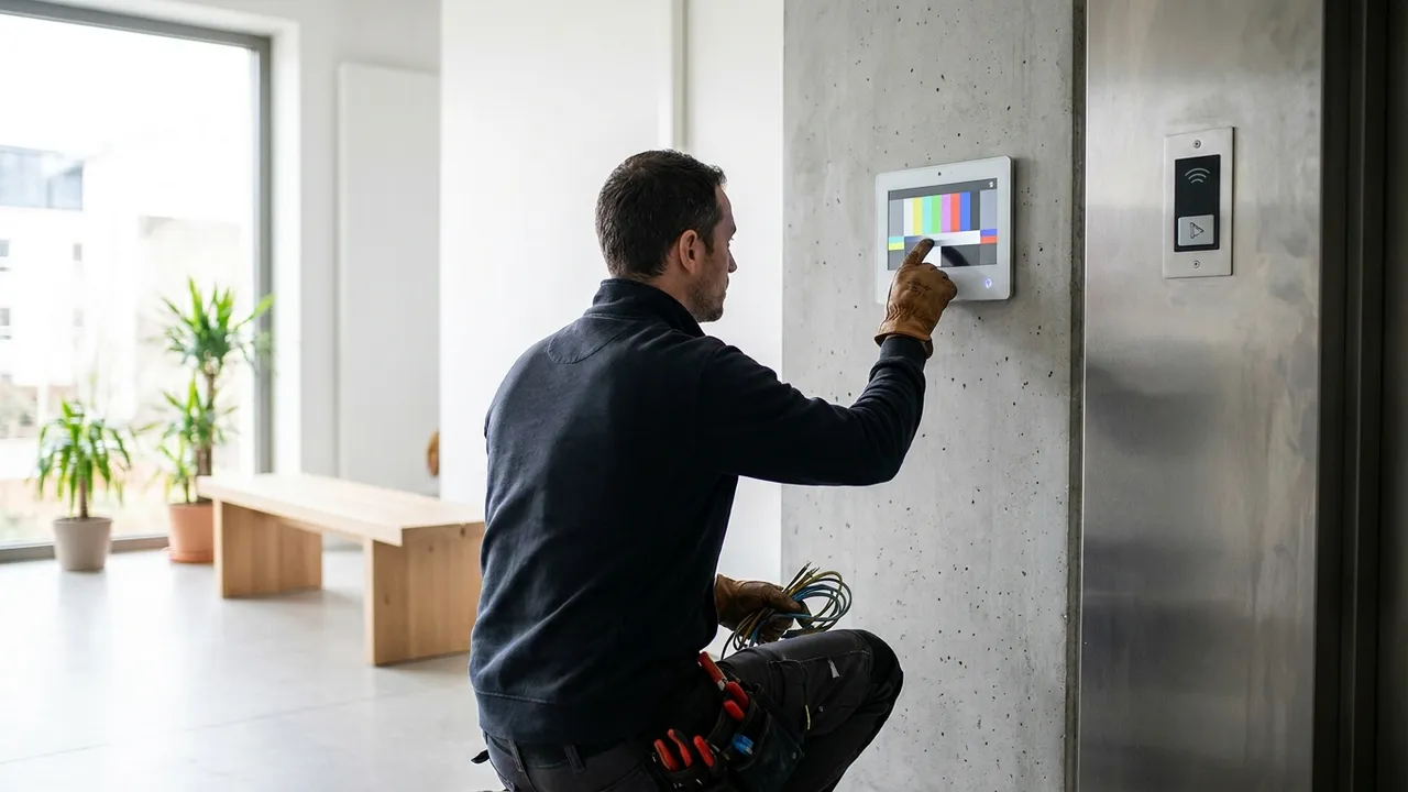 Électricien câblant un visiophone à l'entrée d'une maison d'Issy-les-Moulineaux et testant l'écran