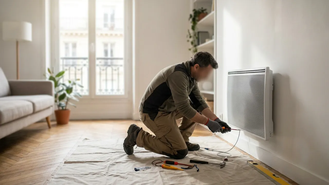 Électricien fixant un radiateur électrique à inertie au mur d'un séjour à Issy-les-Moulineaux